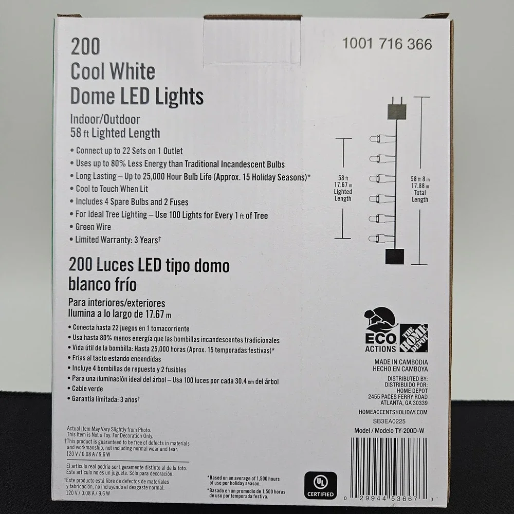 Home Accents Holiday 200 Cool White Dome LED Lights 58 ft Green Wire In/Outdoor‎